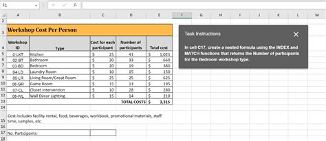 Show transcribed . . In cell c17 create a nested formula using the index and match functions that returns